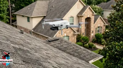 Drone hovering over roof in the Woodlands for free estimate