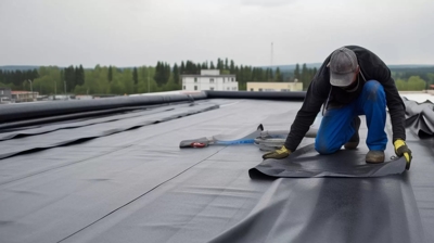 man kneeling on a roof and laying down ice and water shield