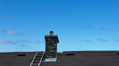 roof with a ladder on it and a chimney