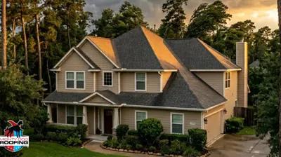 Home in The Woodlands TX at golden hour with storm clouds in the distance