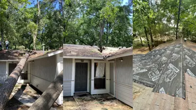 three images of a roof being repaired after a storm in The Woodlands