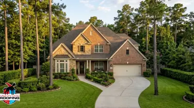 Two-story home in The Woodlands, Texas with a new architectural asphalt shingle roof replacement