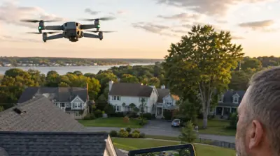 Drone inspecting asphalt shingle roof in Rhode Island neighborhood to verify roofing workmanship and installation quality