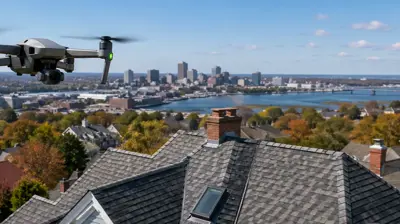 Drone inspecting a residential asphalt shingle roof in a suburban Providence Rhode Island neighborhood