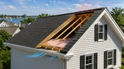 Rhode Island home roof with soffit intake and ridge vent for balanced attic ventilation.