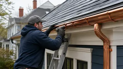 Professional contractor installing seamless copper gutters on a Rhode Island home to improve rainwater drainage and protect the roof and foundation from coastal weather damage.
