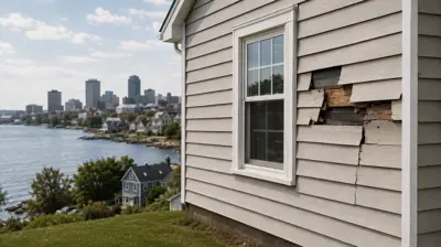 Damaged vinyl siding on a coastal Rhode Island home with cracked exterior panels and visible moisture damage near Providence metro area.