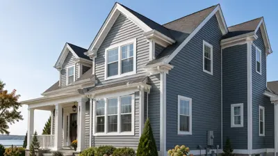 Rhode Island home exterior showing siding and detailed window trim.