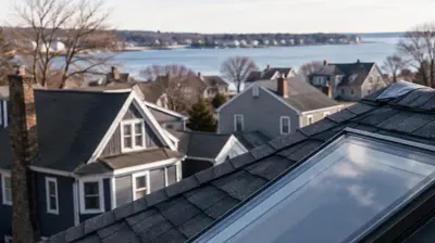Modern skylight installed on a dark asphalt shingle roof overlooking a Rhode Island coastal neighborhood, showcasing energy-efficient roofing and leak-prevention flashing system.