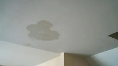 Water stain on residential ceiling caused by a roof leak after heavy rain in Rogers Arkansas requiring roof leak repair.