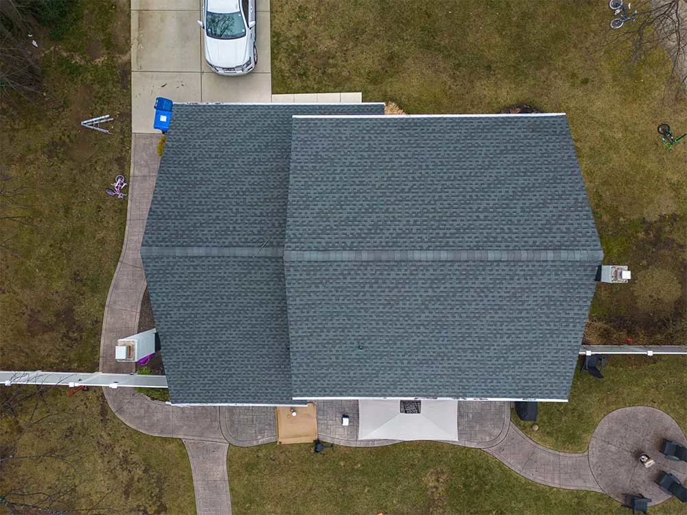 Drone aerial view of asphalt shingle roof in Paramus NJ showing full residential roofing system layout