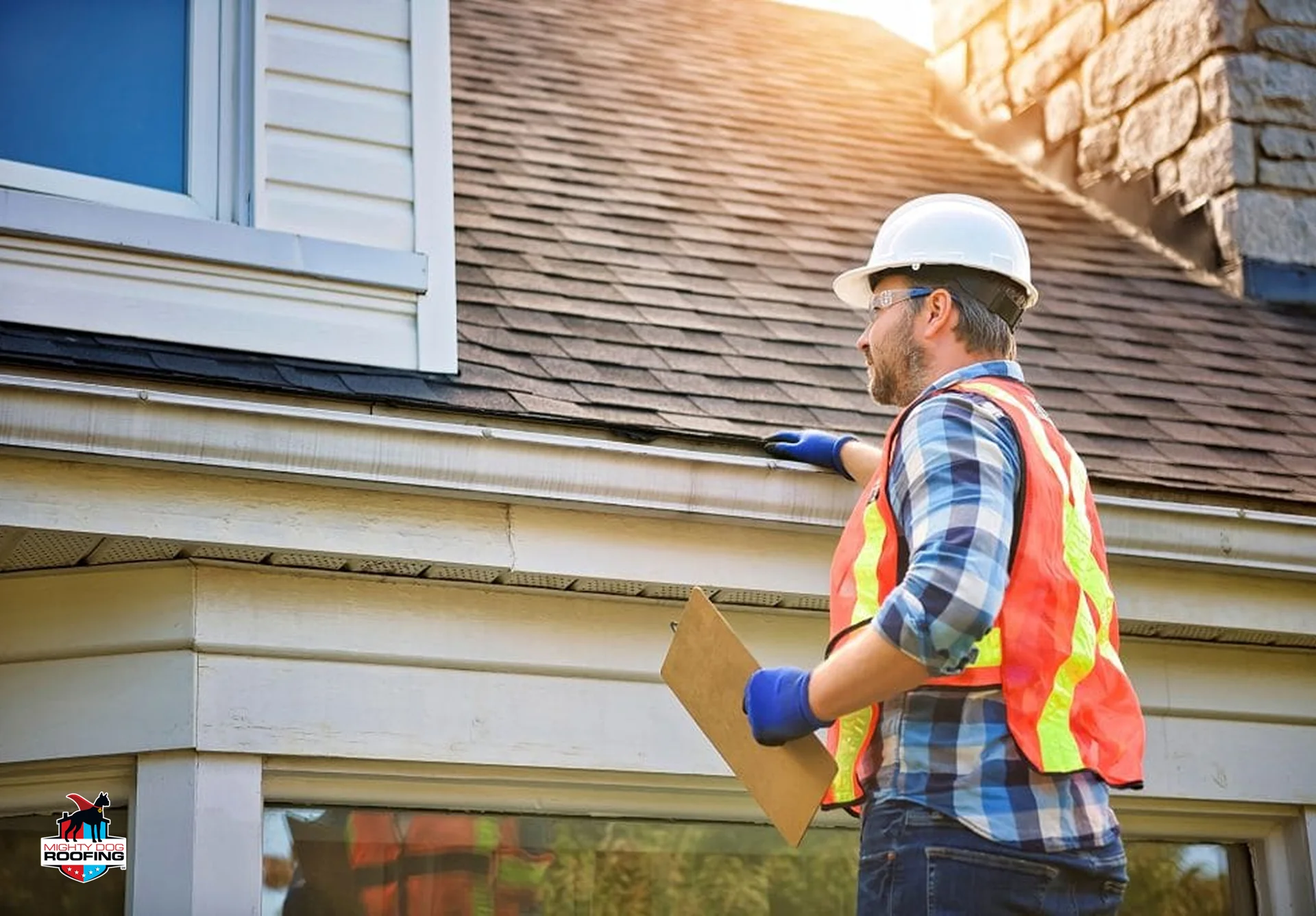 Roofing contractor inspecting sun-exposed roof slopes