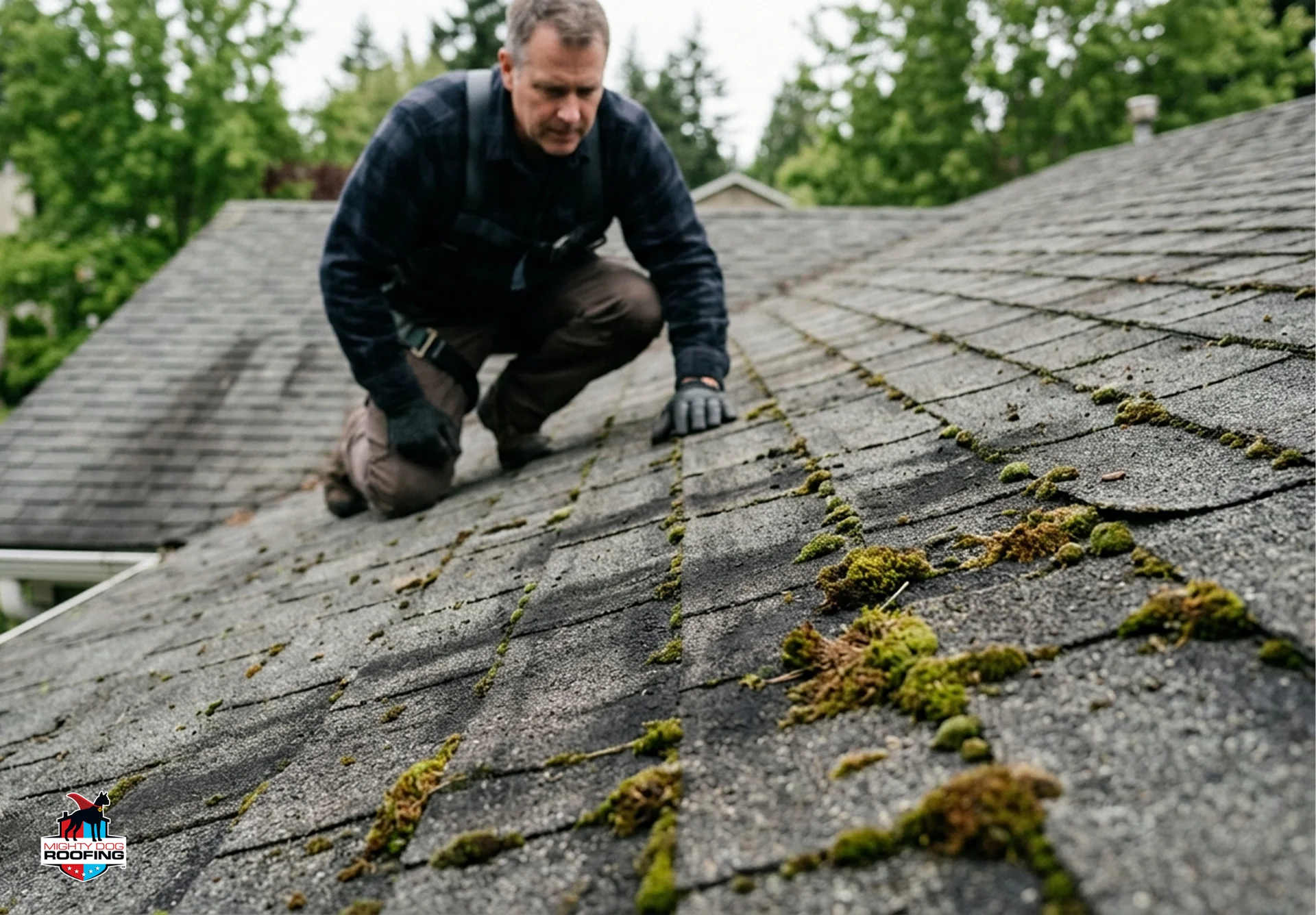 roofing contractor spots moss and debris damage