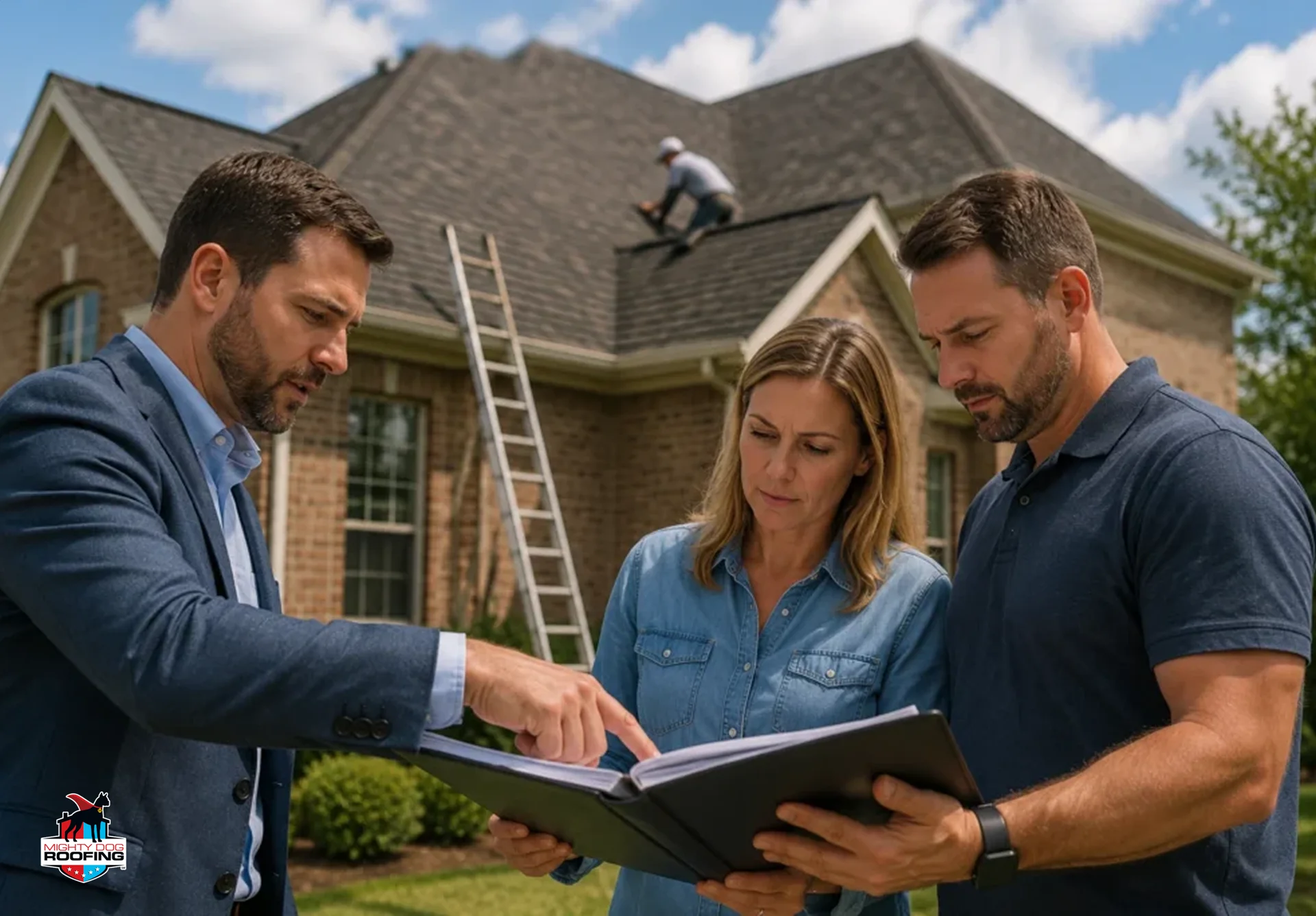 roofing contractor reviewing roof inspection with homeowner