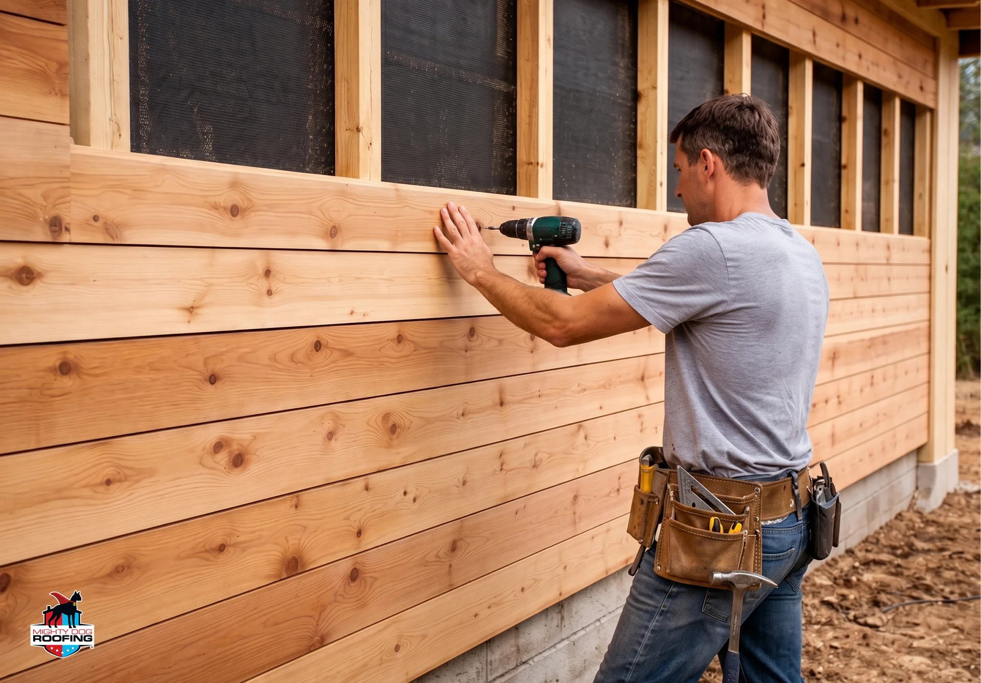 Siding contractor inspecting wood siding