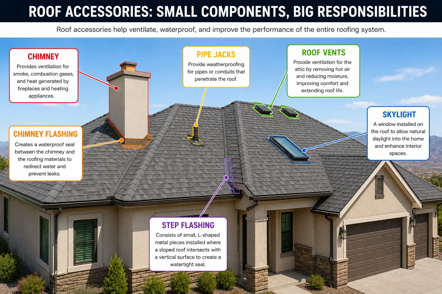 Roof accessories help ventilate, waterproof, and improve the performance of the entire roofing system.